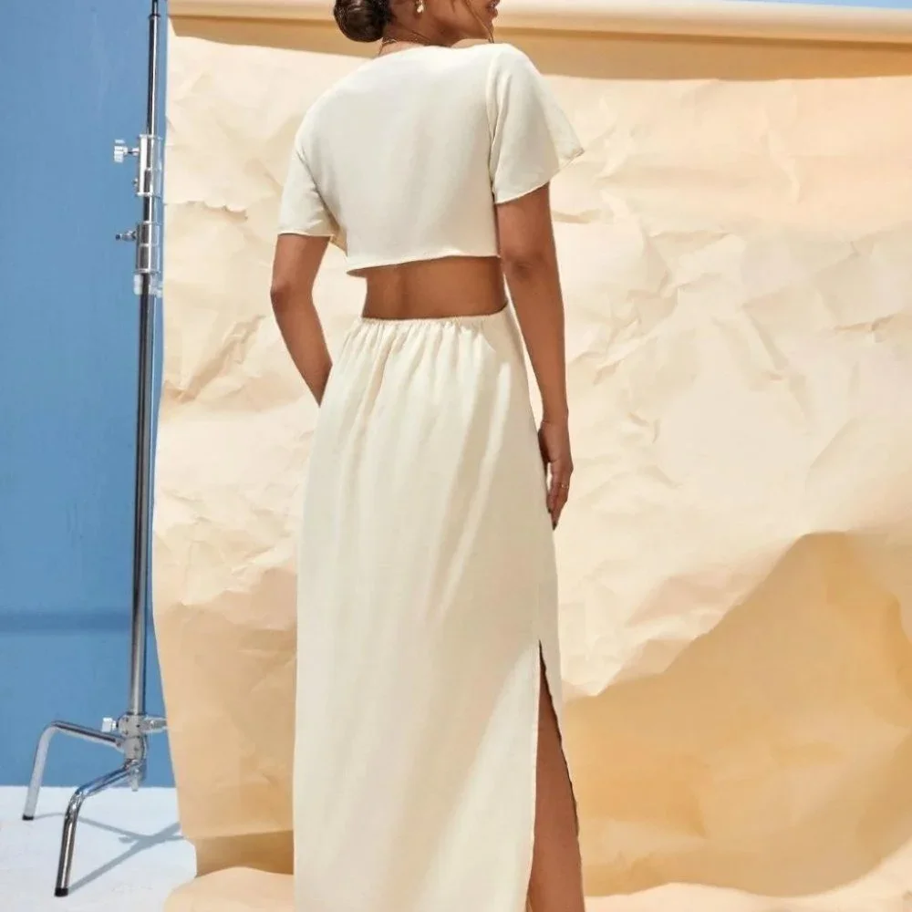 BEIGE TIE FRONT CUT OUT SPLIT HEM MAXI DRESS - Picture 4 of 14